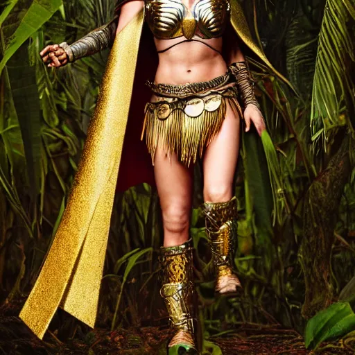 Image similar to full body photo of megan fox as a beautiful amazon warrior goddess wearing a flowing cape and golden chain mail armor, ornate jewelry, in the jungle, studio lighting, octane render, fashion photo by Arney freytag