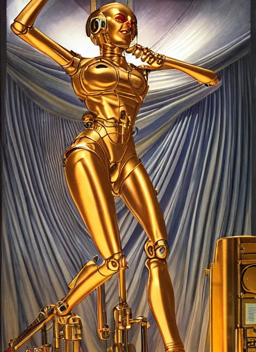 Prompt: Robotic beautiful oracle woman in silk golden robes posing in front of a science facility painted by Hajime Sorayama and Alberto Vargas, robotic bones , moebius, giger, mucha , tarot, dramatic lighting