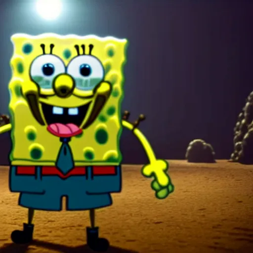 Image similar to high detail full body shot of spongebob squarepants shooting a machine gun with muzzle flash, cinematic framing, cinematic light, hard shadows, in the style of lone survivor,