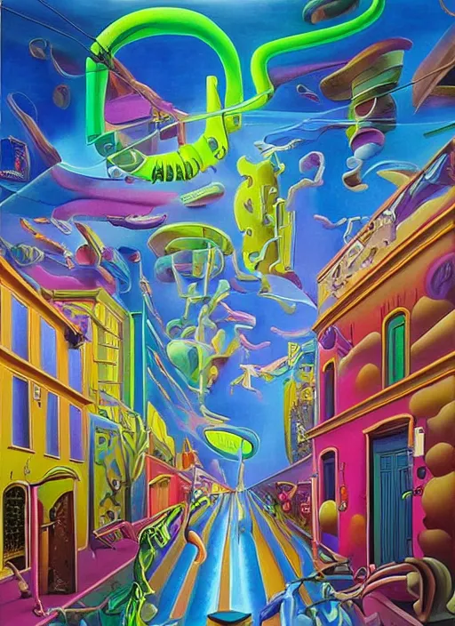 Image similar to an extremely high quality hd surrealism painting of a 3d galactic neon complimentary-colored cartoony surrealism melting optically illusiony city street by kandsky and salvia dali the second, salvador dali's much much much much more talented painter cousin, clear shapes, 8k, ultra realistic, super realistic