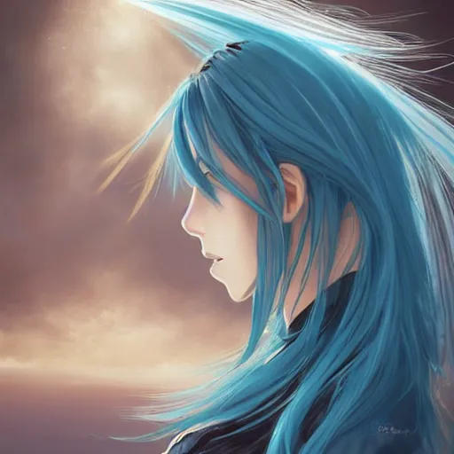 Image similar to side profile of rimuru tempest with sky blue hair, long hair, sharp face, gold eyes, high collar, black jacket | shiny, highly detailed, rain, professional digital painting, concept art, award - winning photography, cinematic, wlop | art by pixiv art, yoshitaka amano, junji ito