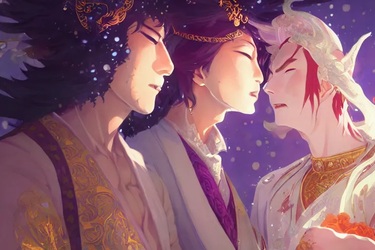 Image similar to close up moment of a divine a japan sun god and a moon goddess lovers magician at a wedding banquet, highly detailed, d & d, fantasy, 4 k realistic, digital painting, trending on artstation, concept art, sharp focus, illustration, art by makoto shinkai and akihiko yoshida and daniel gerhartz