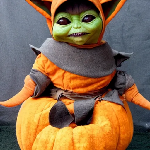 Image similar to the mandalorian in a large, stuffed, mango halloween costume. baby yoda stands next to him in a goard costume