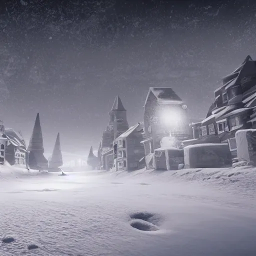 Prompt: a snowy village on the moon, 8 k, highly detailed, unreal engine render