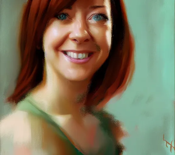 Image similar to a hyper-detailed portrait of Alyson Hannigan by Craig Mullins; oil on canvas; trending on artstation; 90mm; f/1.4