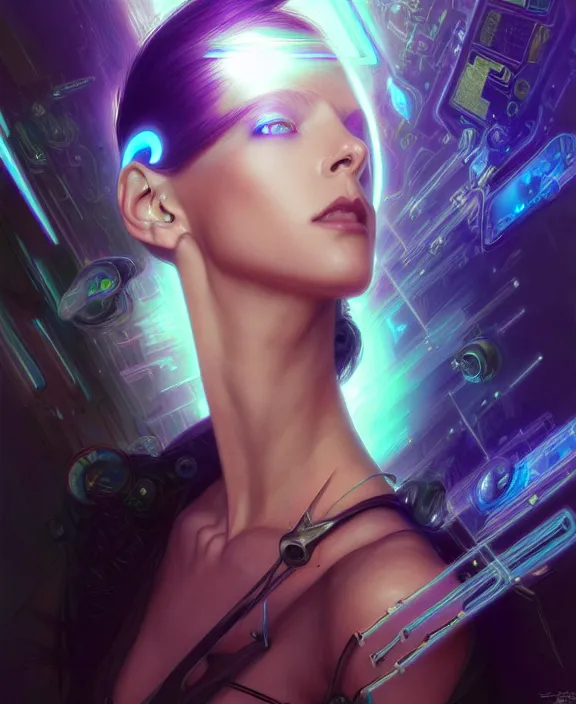 Image similar to a whirlwind of souls rushing inside the metaverse, hologram, half body, neurochip, shaved temple, piercing, jewelry, android, cyborg, cyberpunk face, by loish, d & d, fantasy, intricate, elegant, highly detailed, colorful, digital painting, artstation, concept art, art by artgerm and greg rutkowski and alphonse mucha