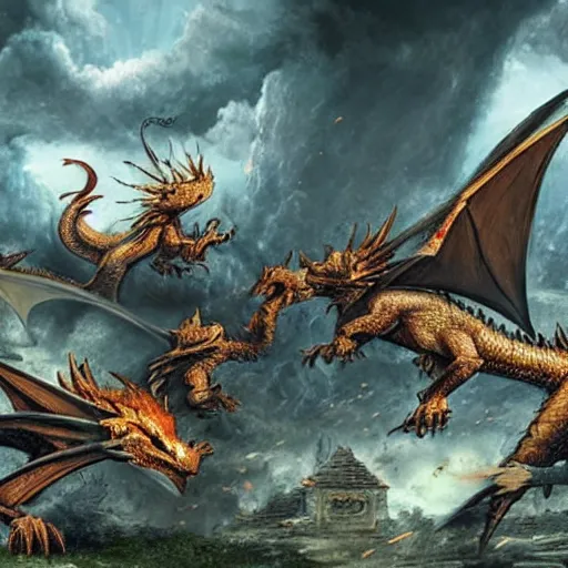 Image similar to photo of dragons fighting over a destroyed village