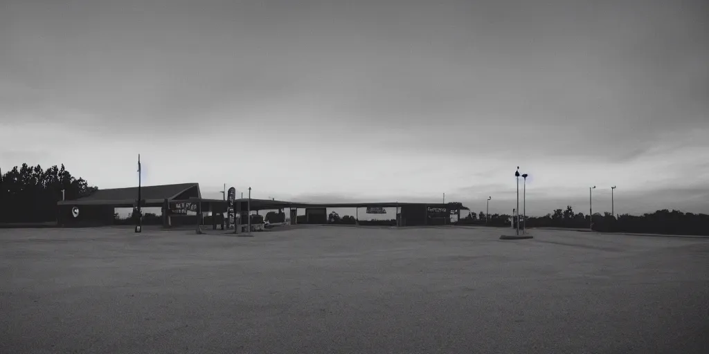 Image similar to a lonely port byron travel plaza in the middle of no where, sunset, eerie vibe, leica, 2 4 mm lens, 3 5 mm kodak film, directed by charlie kaufman, f / 2 2, anamorphic