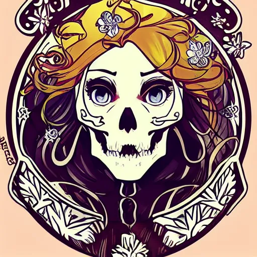 Image similar to anime manga skull portrait pinup girl pretty clouds disney cartoon skeleton illustration style by Alphonse Mucha pop art nouveau