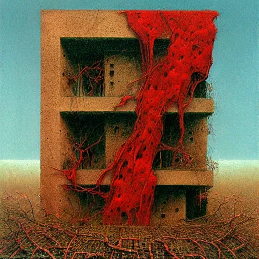 Prompt: surrealist painting of a brutalist building turning into meat, red webs, post apocalyptic, tropical landscape, painted by beksinski