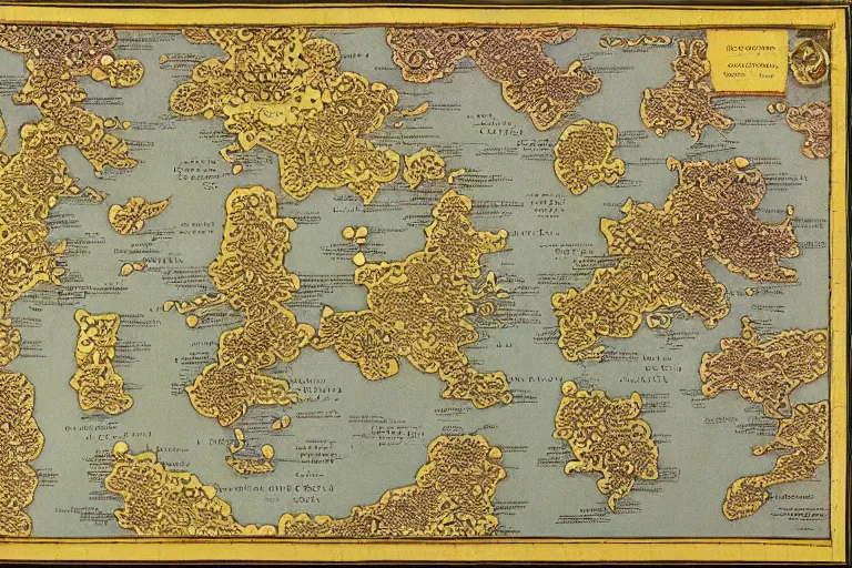 Prompt: Map of a heavenly realm including regional borders made of gold and statistics for each region, intricately detailed, full color