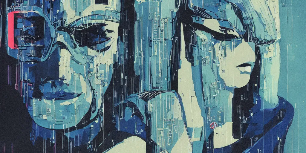 Prompt: a close - up grainy risograph painting of cyberpunk japanese model man with black eyes and pretty face wearing latex catsuit and lots of transparent and cellophane accessories, blue hour, twilight, by moebius and lehr paul