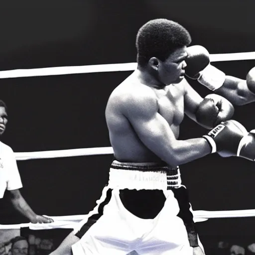 Prompt: mike tyson and muhammad ali boxing fight, volumetric lighting, very coherent