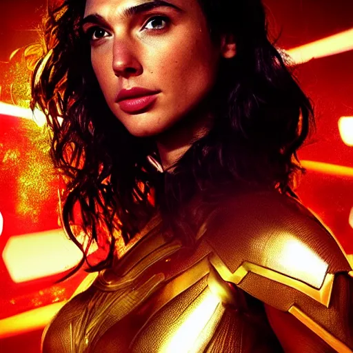 Image similar to gal gadot in amazon outfit, painted, volumetric lights, golden hour, trending on artstation, highly detailed