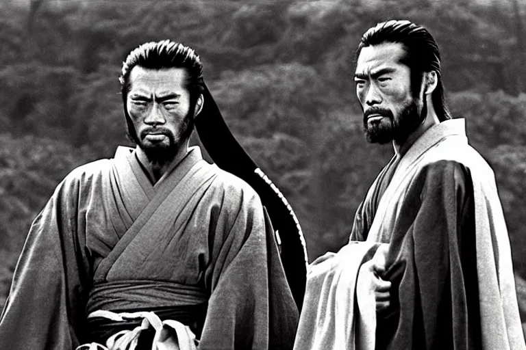 Image similar to clint eastwood and toshiro mifune as a ronin samurai brothers, in robes, in the movie seven samurai ( 1 9 5 4 ). grainy movie still, high detail