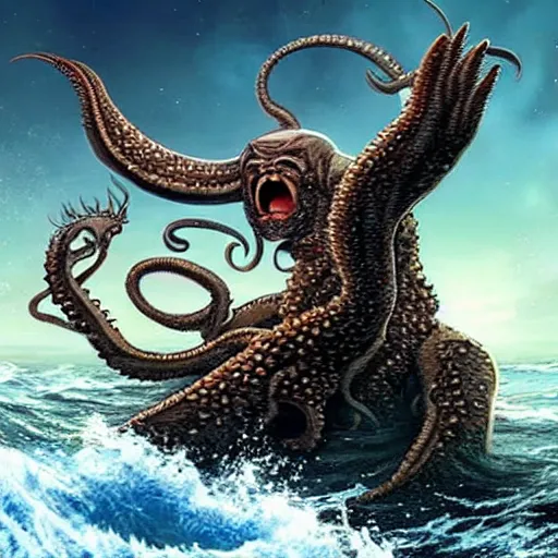 Prompt: a space wizard near the ocean fighting a kraken