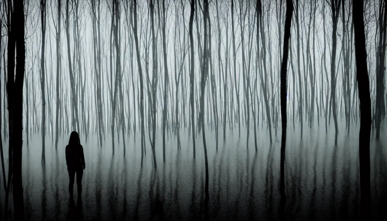 Image similar to silhouette of a person in wavy flood thin birch swamp, scary, dark, atmospheric, ambient vibe, very detailed, 8 k