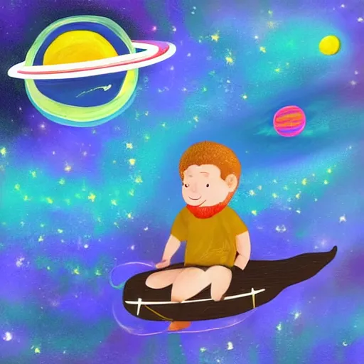 Prompt: Boy traveling through space on a dolphin, digital painting