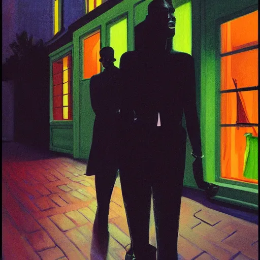 Image similar to a portrait painting of Grace Jones walking down a lit up street in the evening, in the style of Edward Hopper, 4k,