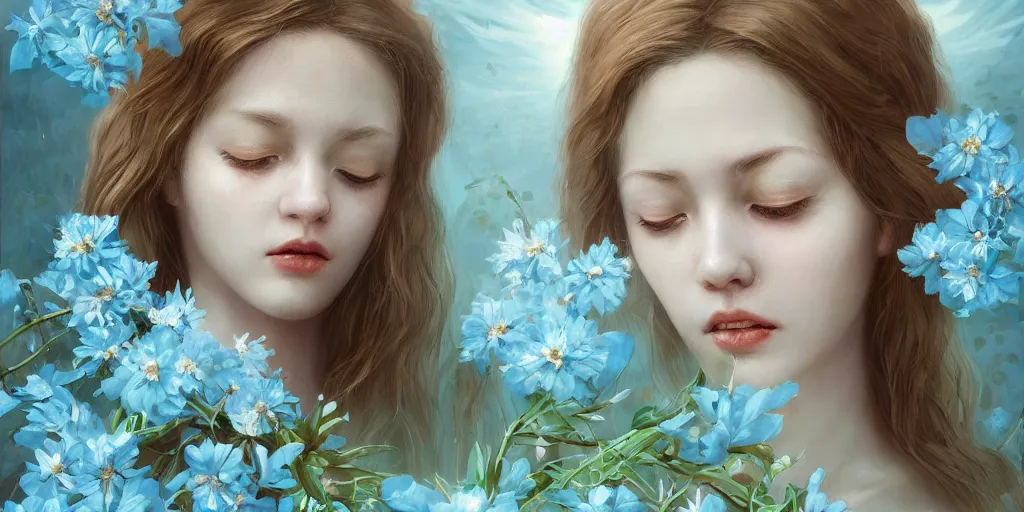 Image similar to breathtaking detailed concept art painting portrait of the hugs goddess of light blue flowers, carroty hair, orthodox saint, with anxious piercing eyes, ornate background, amalgamation of leaves and flowers, by hsiao - ron cheng, extremely moody lighting, 8 k