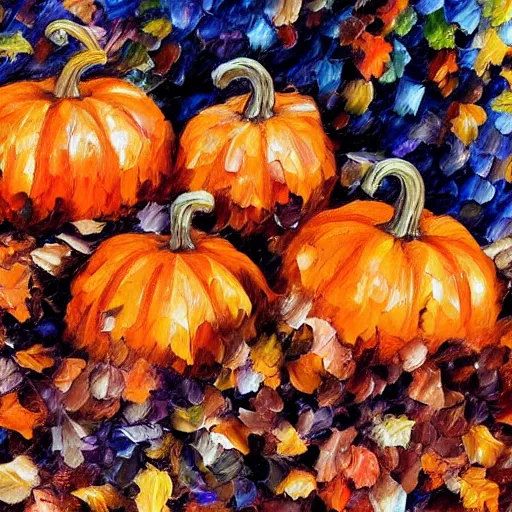 Prompt: halloween pumpkins sitting in a pile of autumn leaves detailed painting in the style of leonid afremov 4 k