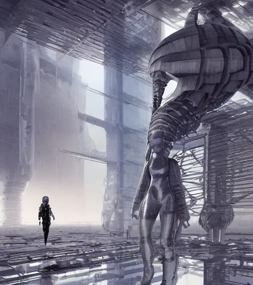 Image similar to tarkovsky greatest scene, aura of the ancient destroyed majestic tower of babylon, woman in gantz suit, futuristic cyber clothing, transparent puffer jacket, hyperealistic, blockchain, cyber world, ambient lighting, concept art, intricate, hyper detailed, smooth, dynamic volumetric lighting, octane, ray trace, cinematic, high quality, cgsociety