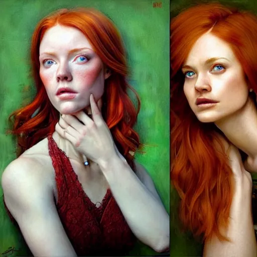 Prompt: hyper realistic painting portrait of a redhead girl looking down, with beautiful green eyes, hyper detailed face by stjepan sejic, by norman rockwell, by michael hussar, by roberto ferri, by ruan jia, textured turquoise background