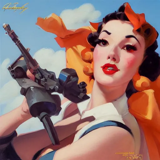 Prompt: greg manchess portrait painting of 1 9 4 0's pinup as overwatch's characters, medium shot, asymmetrical, profile picture, organic painting, sunny day, matte painting, bold shapes, hard edges, street art, trending on artstation, by huang guangjian and gil elvgren and sachin teng
