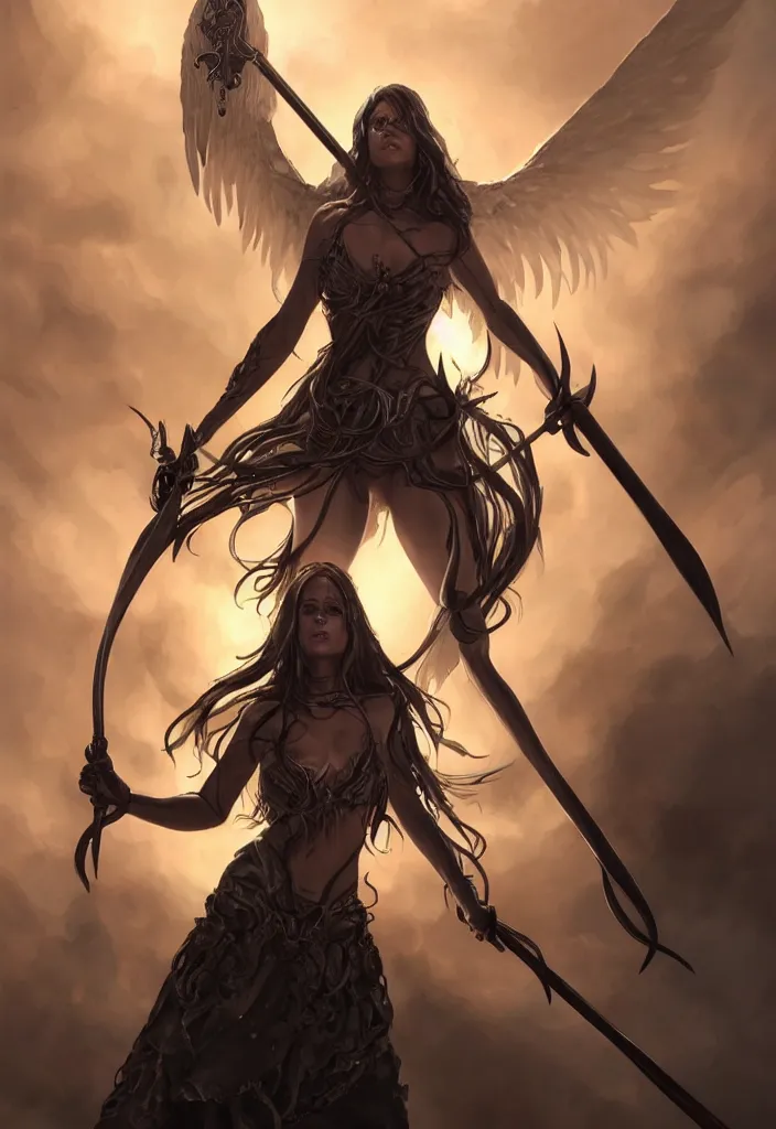 Prompt: towering female angel of death spear looking down at the camera, dramatic lighting, upshot, long curly dark hair, huge curving scythe, fantasy artstation, cgsociety, anatomical, 8 k, magical, award winning cinematography