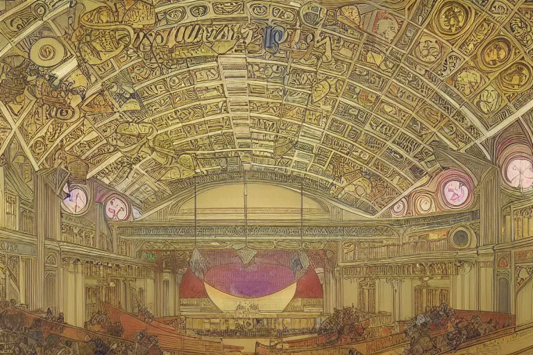 Prompt: A Symphony Hall, by Alphonse Maria Mucha, highly detailed