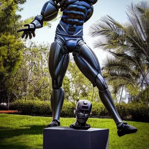 Image similar to a realistic detailed photo of a guy who is an attractive humanoid who is half robot and half humanoid, who is a male android, wrestler zack ryder, shiny skin, posing like a statue, blank stare, by the pool, on display, showing off his muscles, humanoid robot, frozen ice statue