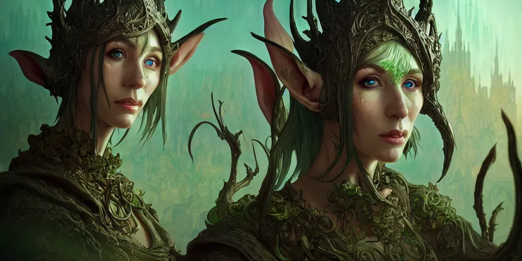 Image similar to beautiful plague - infected ancient elf, slime - covered elven city against blur, highly detailed, digital painting, artstation, sharp focus, illustration, cinematic, art by tan zi and ayanamikodon and alphonse mucha and wlop