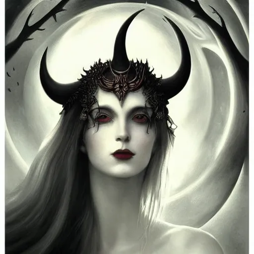 Prompt: By Tom Bagshaw, ultra realist soft painting of a order curiosities carnival by night, very beautiful horned single female in long gothic dress glass sphere, symmetry accurate features, very intricate details, omnious sky, black and white, volumetric light clouds