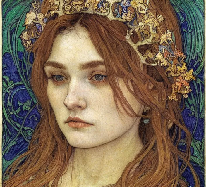 Image similar to detailed realistic beautiful young medieval queen face portrait by jean delville, alphonse mucha, vincent van gogh, and marco mazzoni, art nouveau, symbolist, visionary, gothic, pre - raphaelite