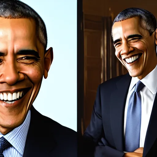 Prompt: Obama using one percent of his power, aura around obama, smiling, 40nm, shallow depth of field, split lighting, 4k,