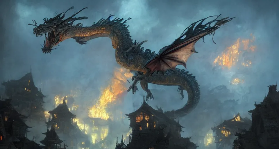 Image similar to book illustration of flying dragon above the village. Burning houses dragon fire breath. Atmospheric beautiful by Eddie mendoza and Craig Mullins. volumetric lights