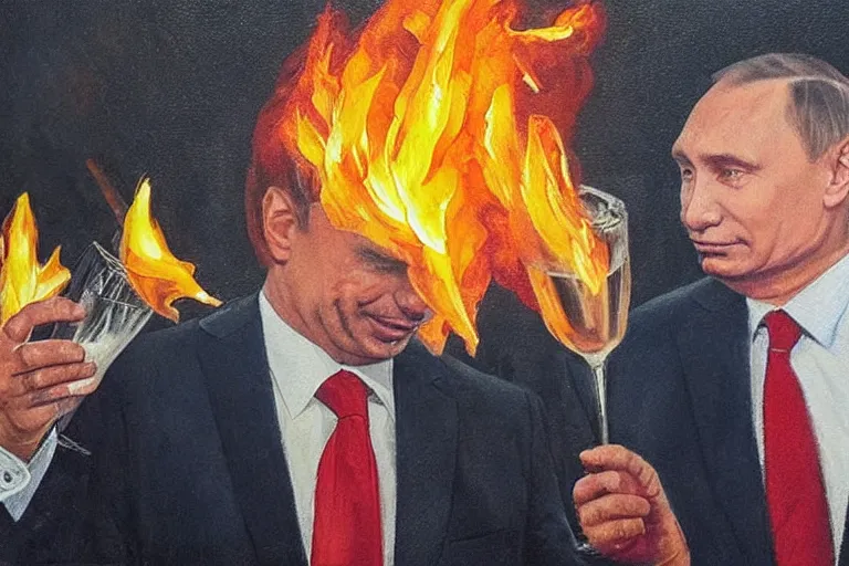 Image similar to viktor orban winking and drinking champagne with putin in front a burning city, oil painting