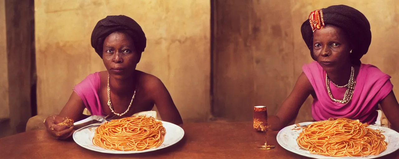 Prompt: queen nzinga mbande of angola, enjoying a feast of spaghetti, in the style of diane arbus, canon 5 0 mm, kodachrome, retro