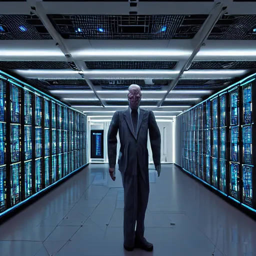 Image similar to hyperrealism detailed photography scene from stanley kubrick movie of highly detailed stylish system administrator from 2 0 7 7's as droid in josan gonzalez, gragory crewdson and katsuhiro otomo, mike winkelmann style with many details working at the detailed data center by laurie greasley hyperrealism photo on dsmc 3 system volumetric epic light rendered in blender