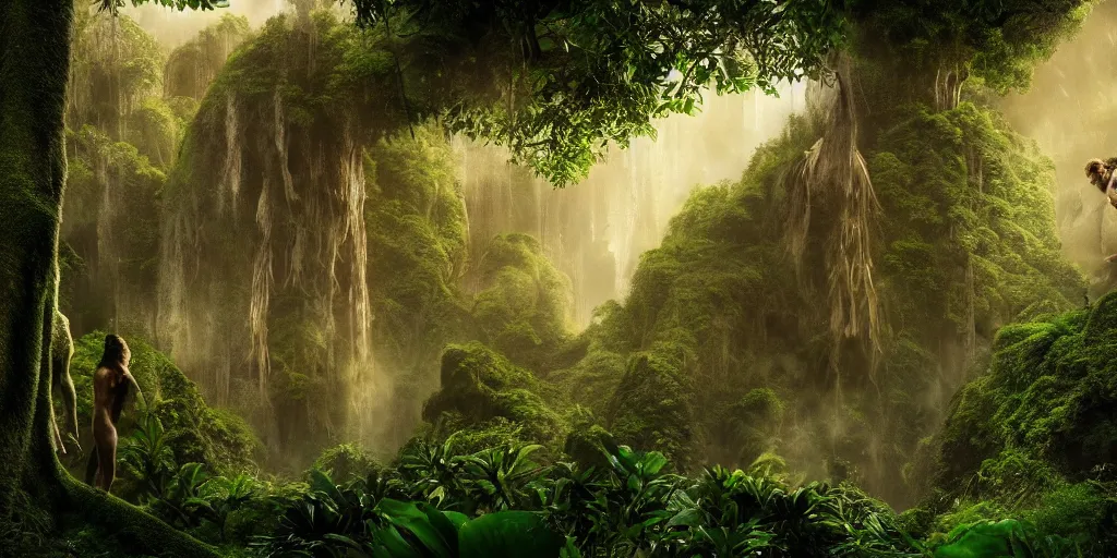 Prompt: Tarzan\'s lost temple, cinematic lighting, wide angle landscape photography, hyperrealistic, 8k