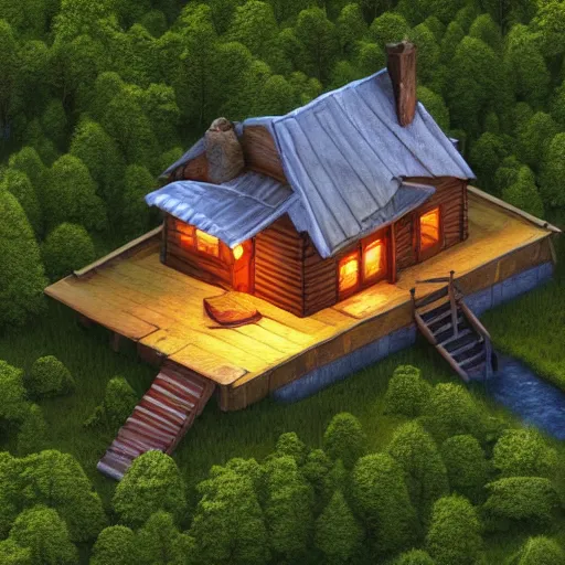 Image similar to concept art of a cabin in the woods, isometric view, detailed, volumetric lighting, unreal engine