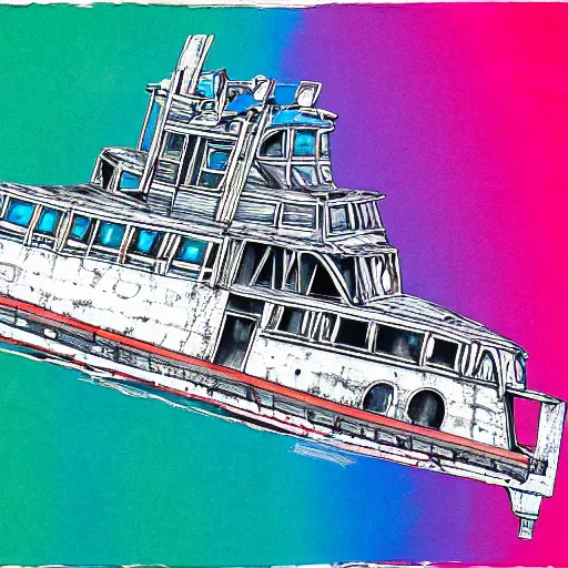 Prompt: ultra precise, asymmetric fineliner drawing of an abandoned ship in the aral sea desert, three colour ink marker pen on rainbow spattered glossy paper. bold lines, gallery quality, photorealistic, very detailed, 8 k