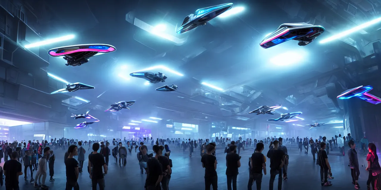 Image similar to cyberpunk exhibition full of hundreds of different hovercars, crowd watching and walking around exhibition site, enthusiastic spectators watching the race of flying vehicles in background, in the year 3 0 0 0, very high details, volumetric fog, raytracing, back light, raymarching, by ilm, by digital domain, by weta digital