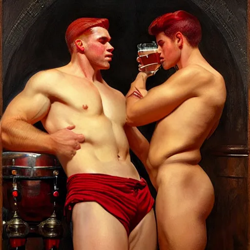 Image similar to drinking their hearts out, in a pub. shorts, attractive muscular male with red hair, and attractive muscular male with black hair. very defined and highly detailed painting by j. c. leyendecker, gaston bussiere, craig mullins 8 k