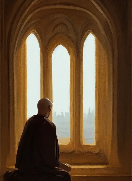 Prompt: symmetry!! oil painting of a tonsured dominican monk in a brown habit, looking out of a monastery window contemplatively, a majestic cathedral in the background, hazy, digital art, artstation, cinematic, golden hour, digital art painting by greg rutkowski, cozy atmosphere, cinematic lighting