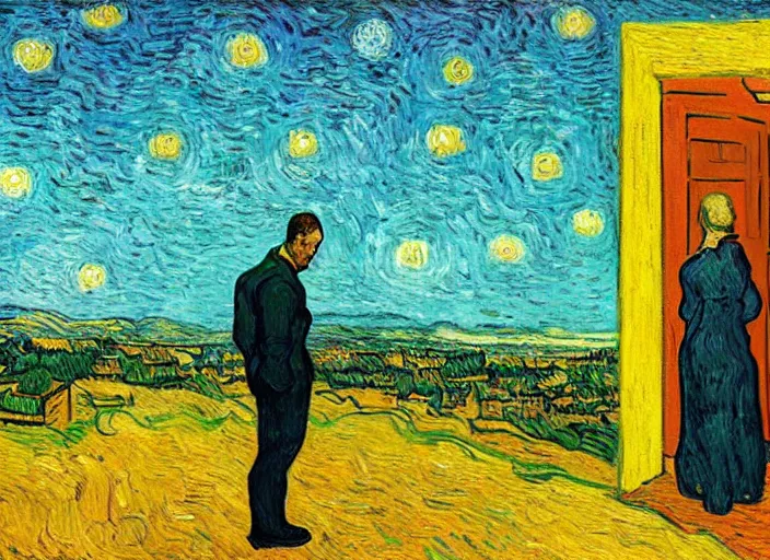 Prompt: painting of the last human on Earth standing watching an alien invasion descend above a city, in the style of Vincent Van Gogh and Edward Hopper