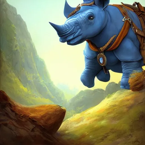 Prompt: An adorable blue rhino wearing adventurer clothing, concept art by Justin Gerard, trending on artstation,