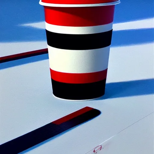 Image similar to white paper cup with horizontal red strip!!!, as race car on ice!!!, hyperrealistic, highly detailed, cinematic, volumetric sunlight, beautiful, cgssociety, artstation, 8 k, oil painting by greg rutkowski, by artgerm, by wlop