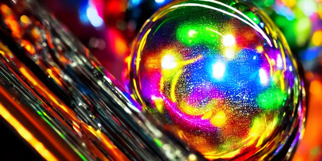 Image similar to ”close-up of a chrome pinball ball coming out of a ramp on high speed”, [neon glow, colorful, blur, bloom, zoomed, photography, bokeh]”