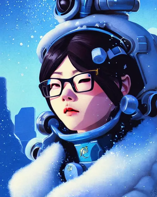 Prompt: mei from overwatch, character portrait, ice, cold, snow, portrait, close up, concept art, intricate details, highly detailed, vintage sci - fi poster, retro future, in the style of chris foss, rodger dean, moebius, michael whelan, and gustave dore